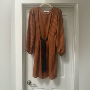 Elegant Brown Striped Long Sleeve Dress